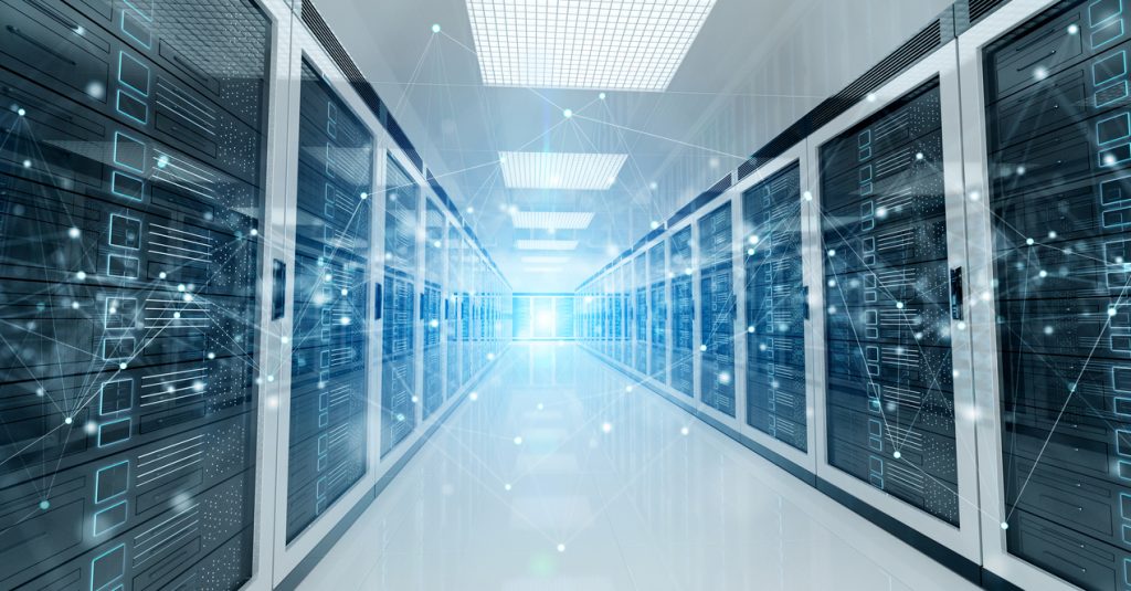 Connection network in white servers data center room storage systems 3D rendering